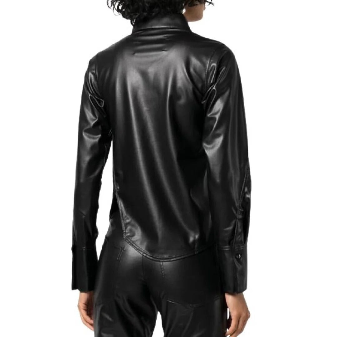 Women's Soft Lambskin Leather Asymmetric Buttoned Shirt For Girls