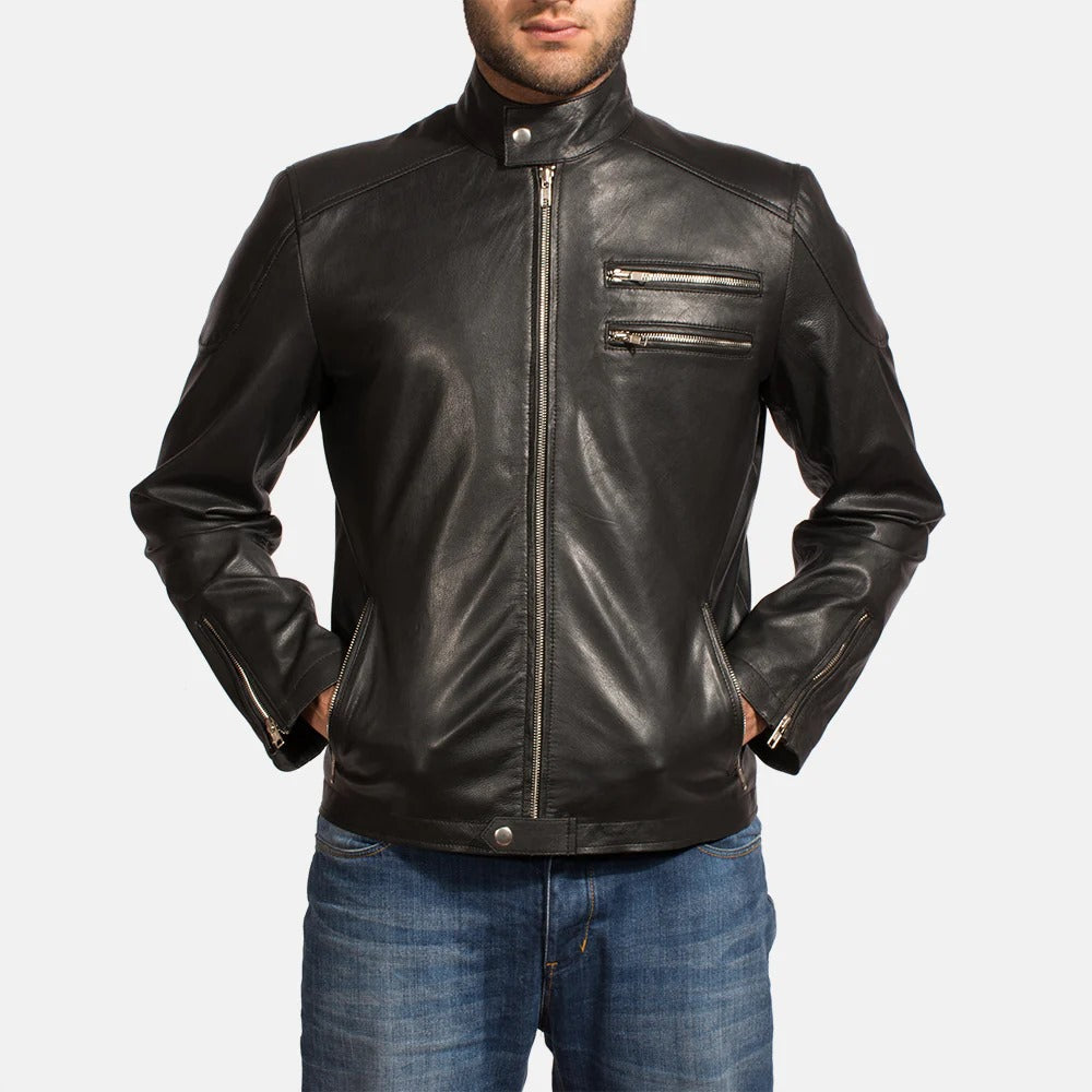 Onyx Black Leather Biker Jacket Up To 5XL