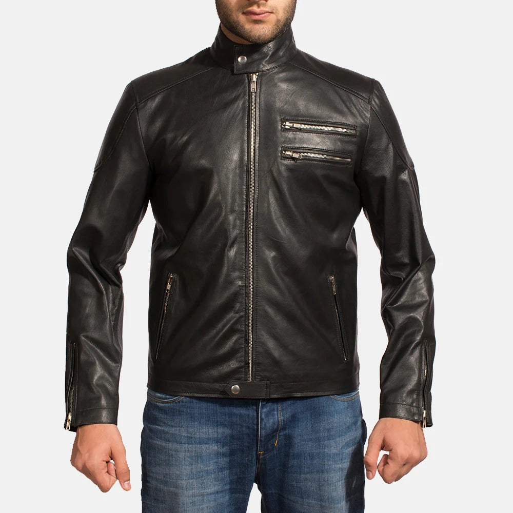 Onyx Black Leather Biker Jacket Up To 5XL