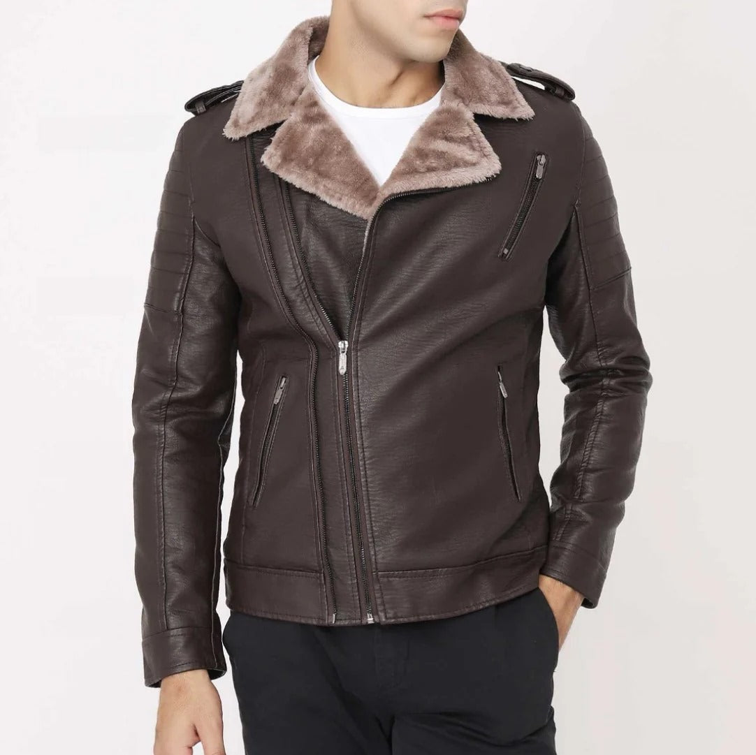 Shearling Leather Jacket For Men With Side Zip Closer