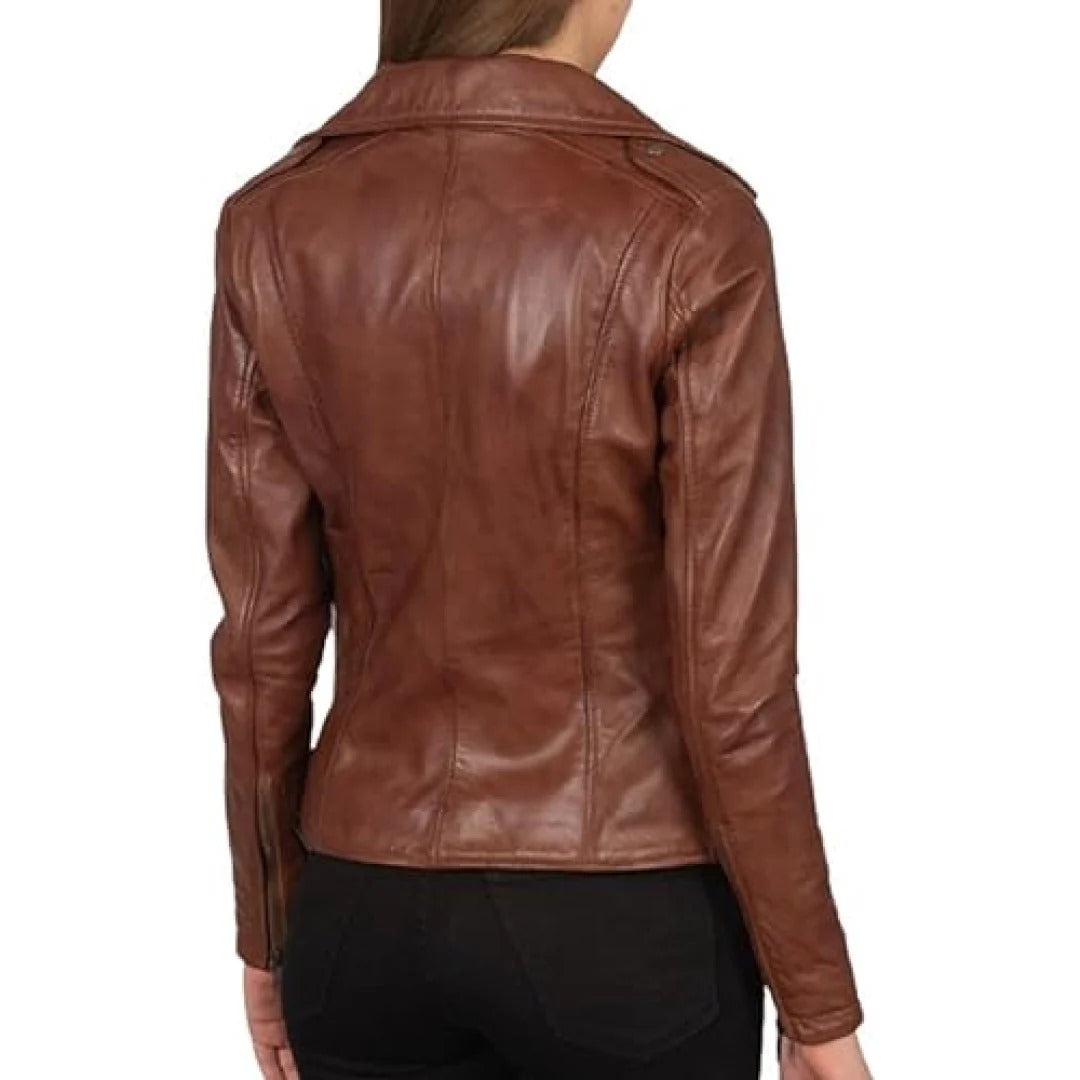 Leather Jacket Women With Side Zip Closer And Zipped Pockets