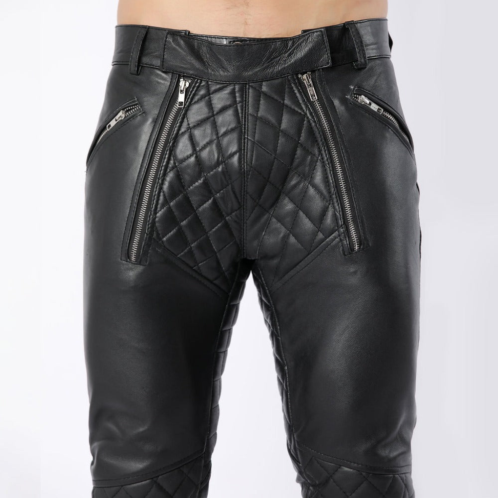 Mens Black Fashion Leather Quilted Pants