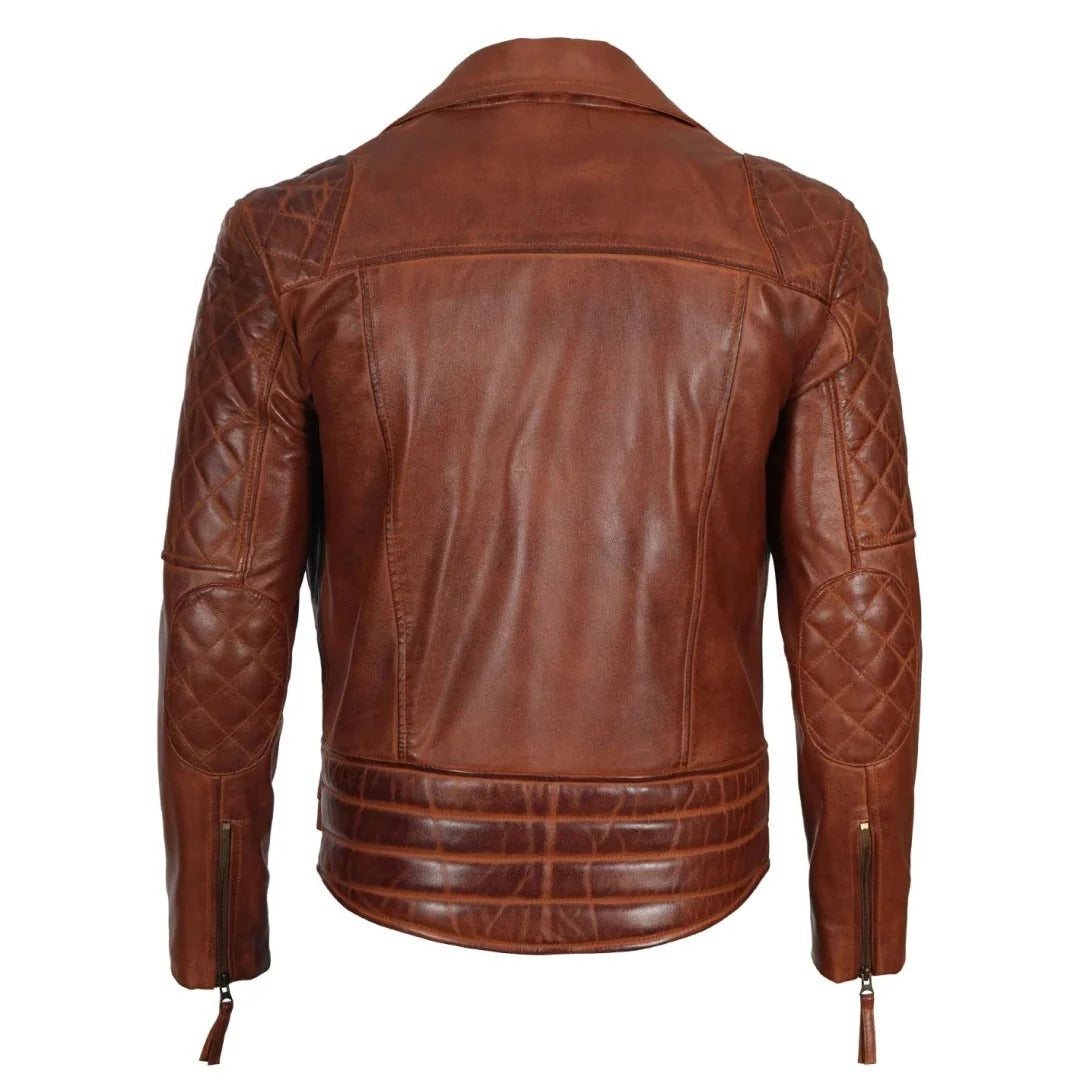 Unique Design Brown Biker Jacket For Men With Quilted Arm Design