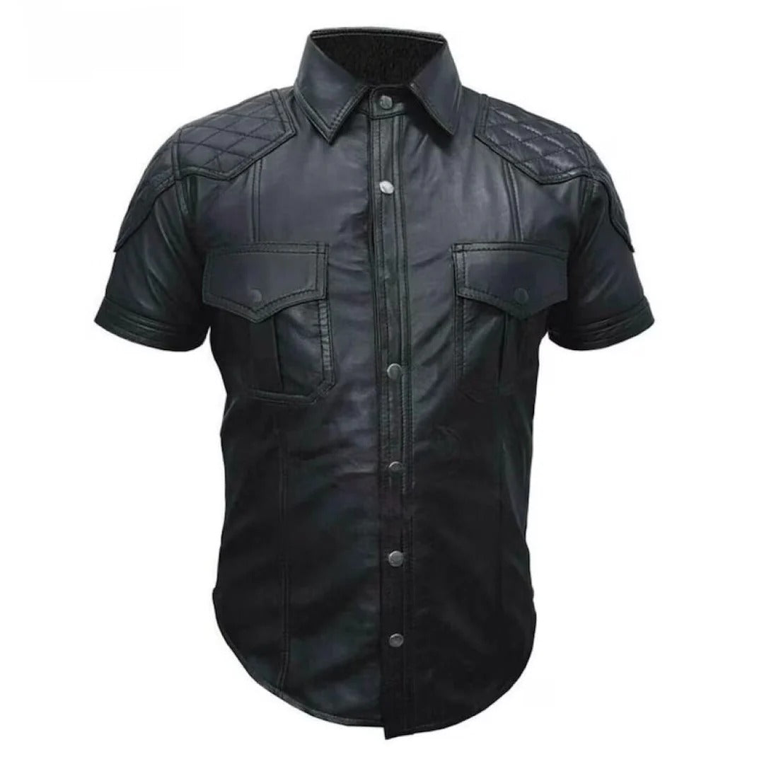 Men's Quilted Shoulder Design Leather Shirt