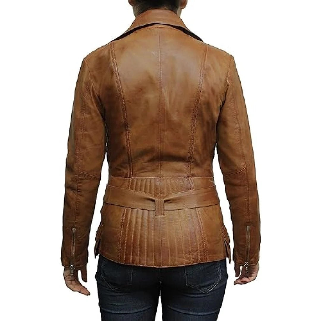 Leather Jacket Women With Stylish Side Zip Closer And Belted Waist