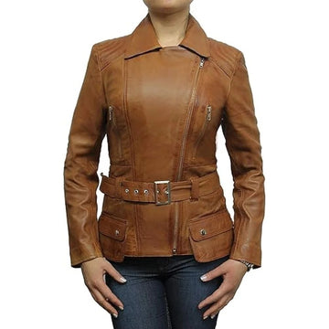 Leather Jacket Women With Stylish Side Zip Closer And Belted Waist