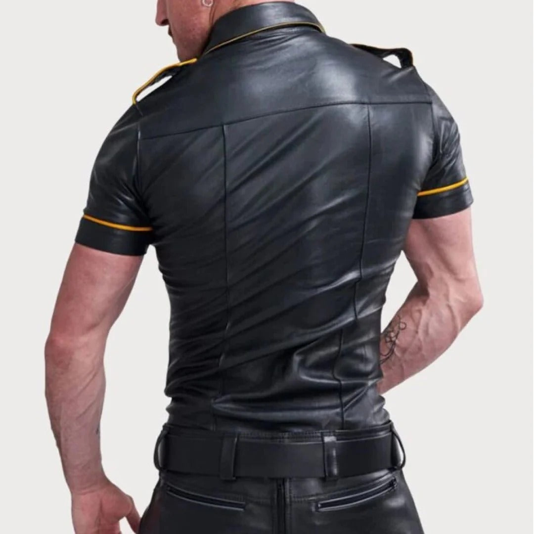 Police Style Leather Jacket With Yellow Linings