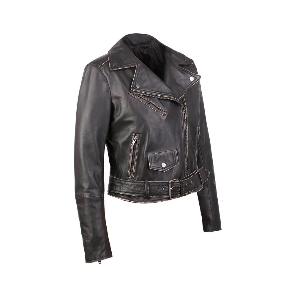 Carla Womens Distressed Short Biker Leather JacketHavenhide