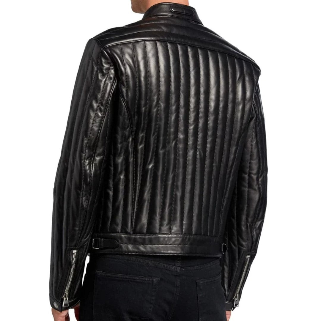 Men's Vertical Channel Leather Biker Jacket